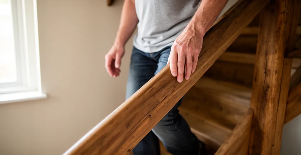 Person walking up stairs at home showing subtle expression of knee discomfort