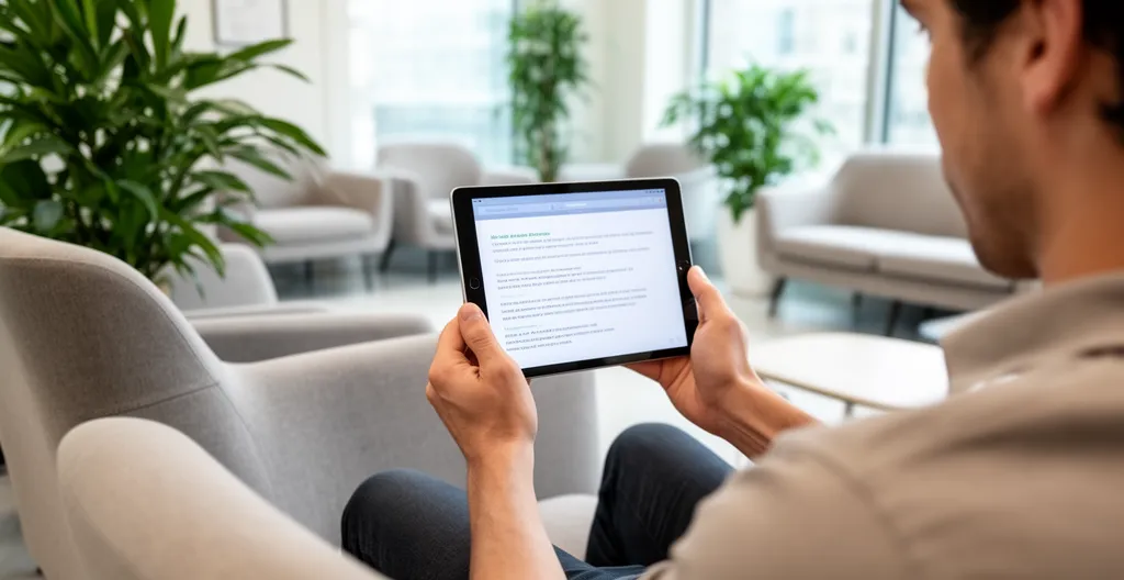 Person in waiting room reviewing information on tablet before medical appointment