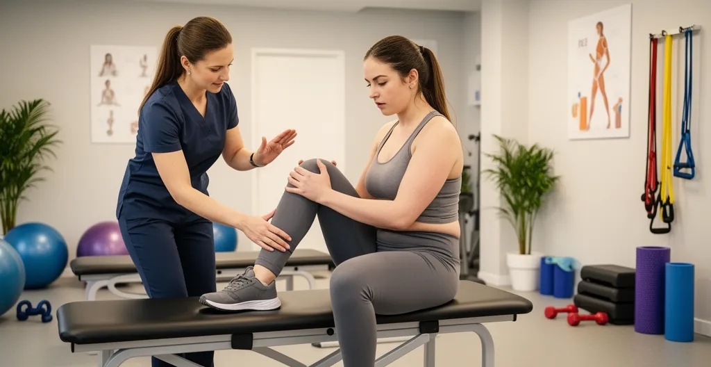 Physiotherapist guiding patient through knee strengthening exercise in clinic