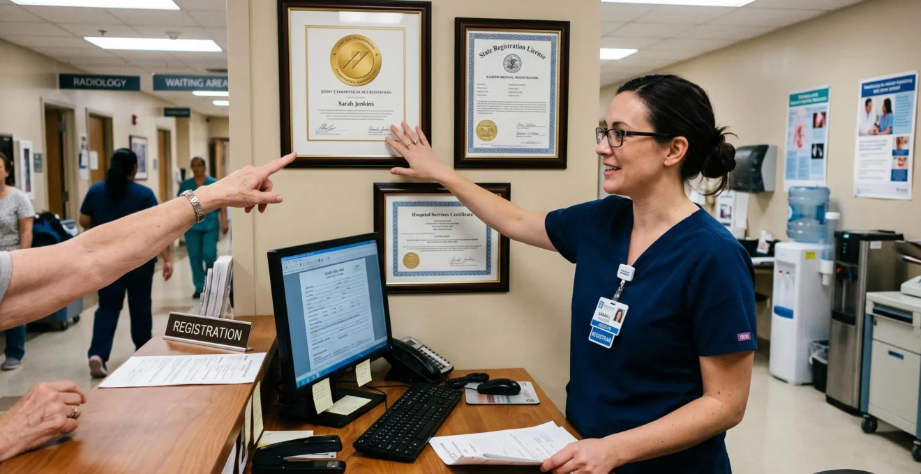 A staff member shows accreditation certificates to a visitor at a clinic desk.