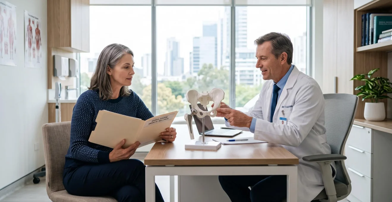A patient discusses a hip prosthesis model with a surgeon during a consultation.