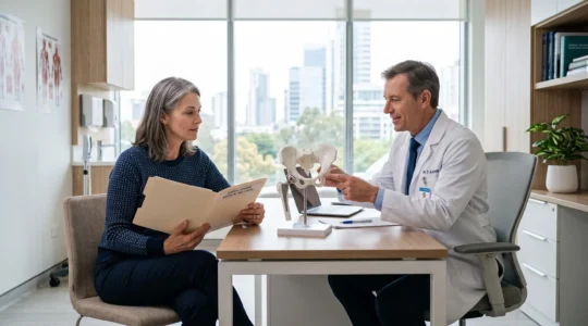 A patient discusses a hip prosthesis model with a surgeon during a consultation.