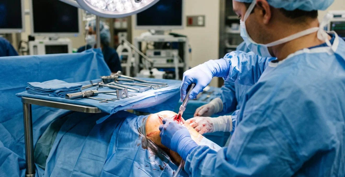A surgical team performs a knee replacement operation in a hospital operating theatre.