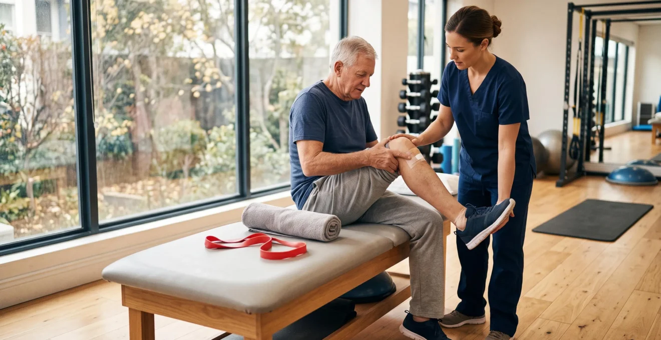 A physiotherapist helps a senior patient bend the knee during a rehabilitation session.