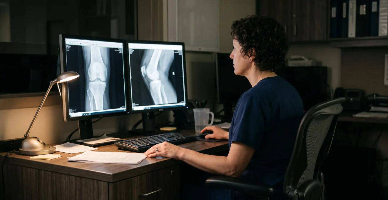 A knee specialist compares two knee X-ray images on dual monitors in a reading room.