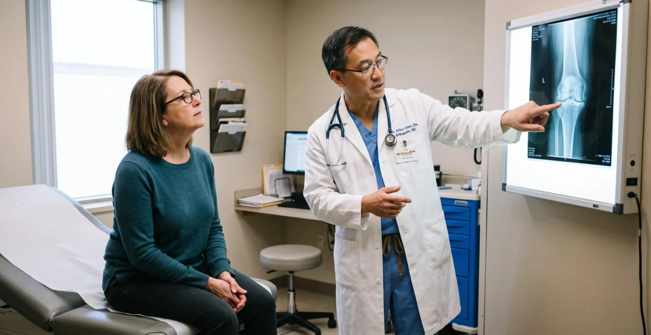 An orthopedic surgeon explains a knee X-ray to a seated patient in a consultation room.
