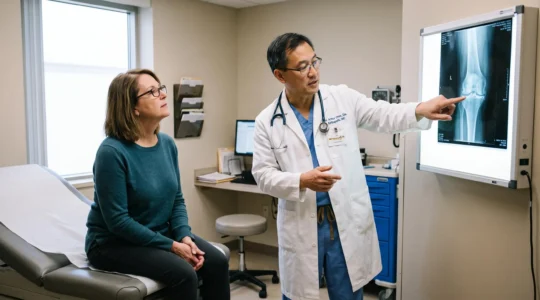 An orthopedic surgeon explains a knee X-ray to a seated patient in a consultation room.